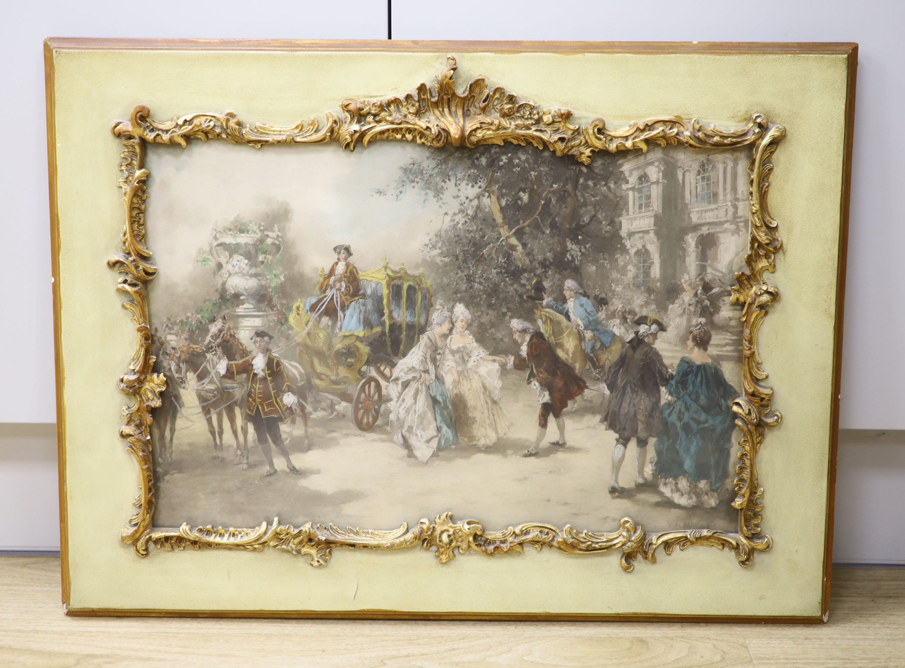 After Vincente Paredes, hand tinted lithograph, Figures outside a chateau, 32 x 49cm, ornate scroll - Image 2 of 3