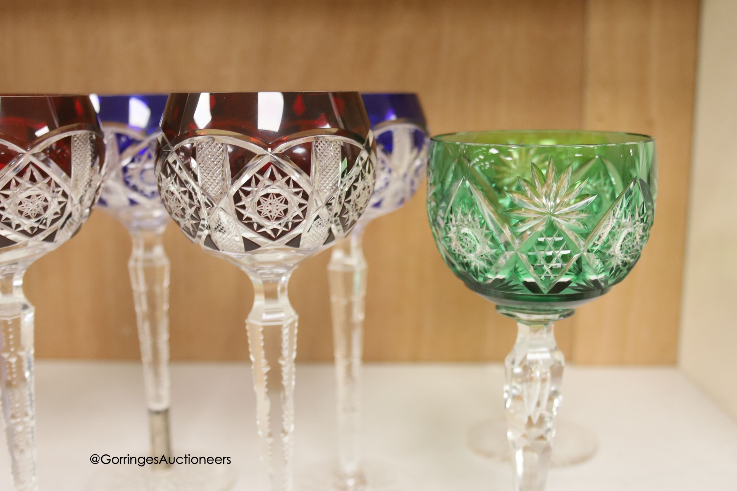 A harlequin collection of flash cut hock glasses, 19th century and later, tallest 21cm - Image 5 of 7