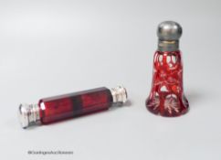 A Victorian ruby glass double silver mounted scent bottle and a plate mounted flash cut ruby scent