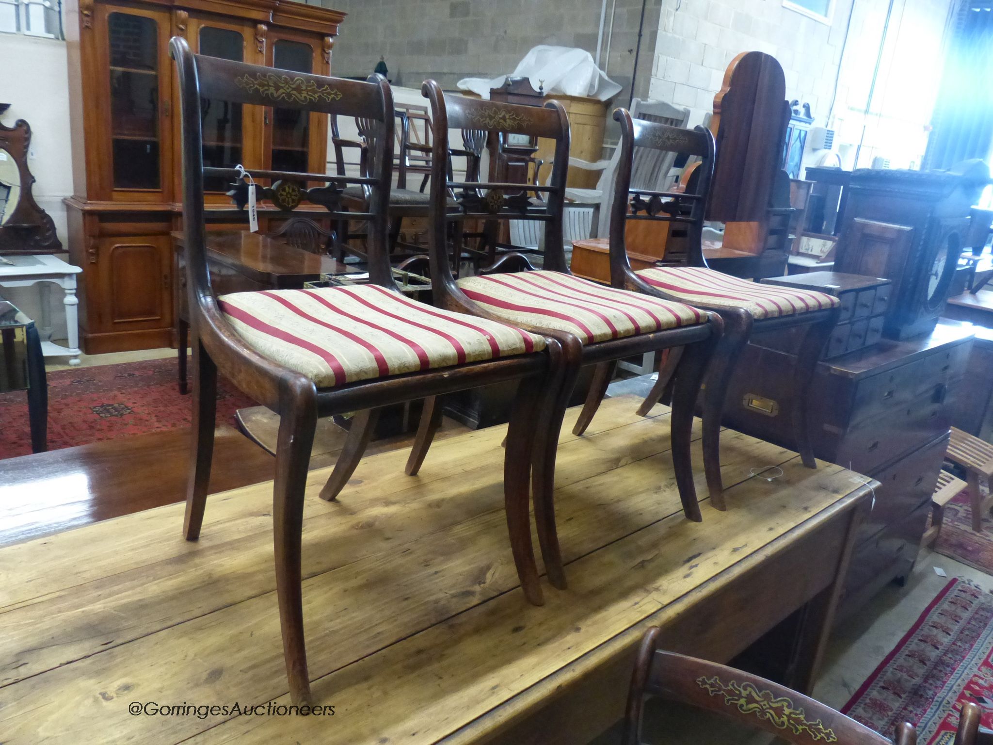 A set of five Regency brass inlaid simulated rosewood cane seated dining chairs - Image 3 of 4