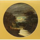 Victorian School, oil on canvas, Moonlit river landscape, framed tondo, 19cm