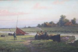 Victorian School, oil, Canal scenes with barges, signed Broxk