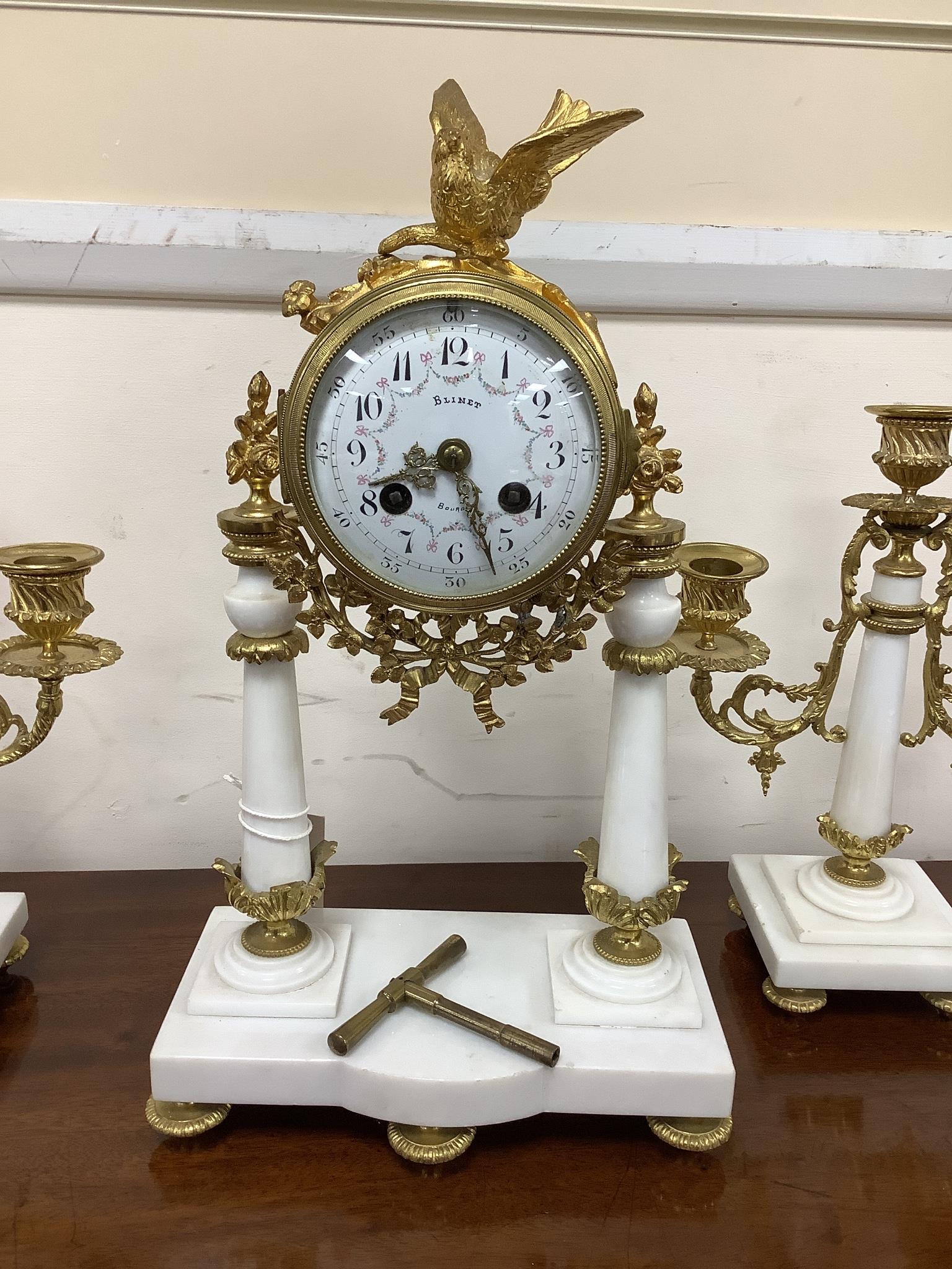 A French white marble and ormolu clock garniture, c.1900, no pendulum - Image 2 of 4