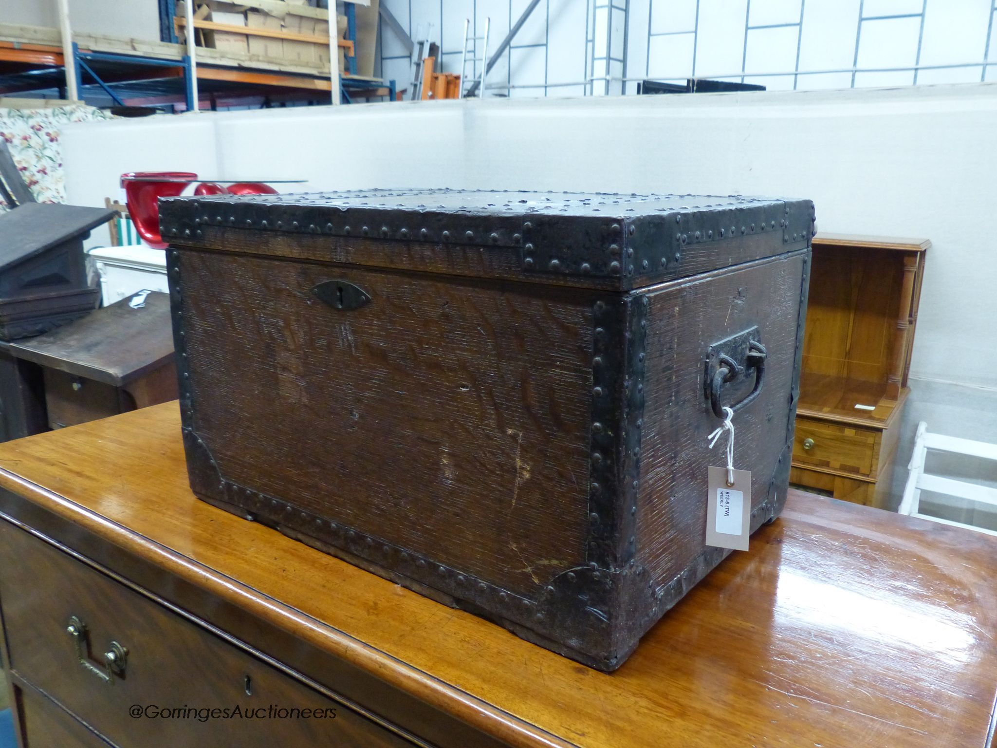 A small Victorian iron-bound oak chest, width 54cm, depth 38cm, height 33cm - Image 2 of 4