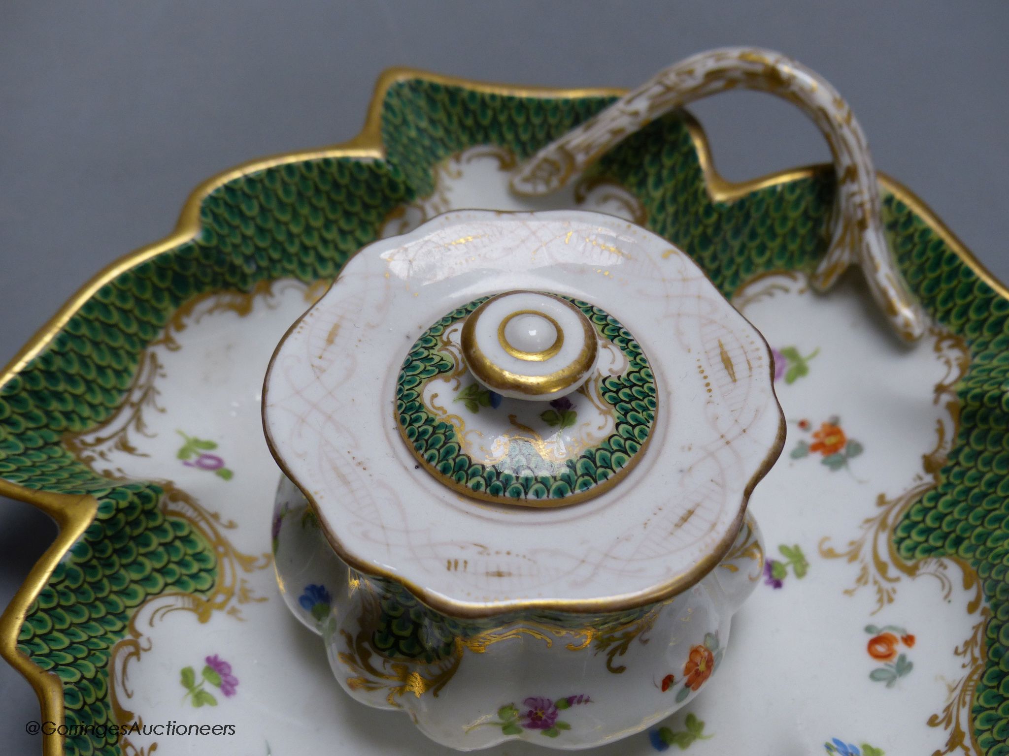 A pair of Dresden porcelain inkwells, length 19cm - Image 5 of 6