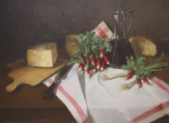 English School, oil on canvas, Still life with radishes on a table top, indistinctly signed, 59 x