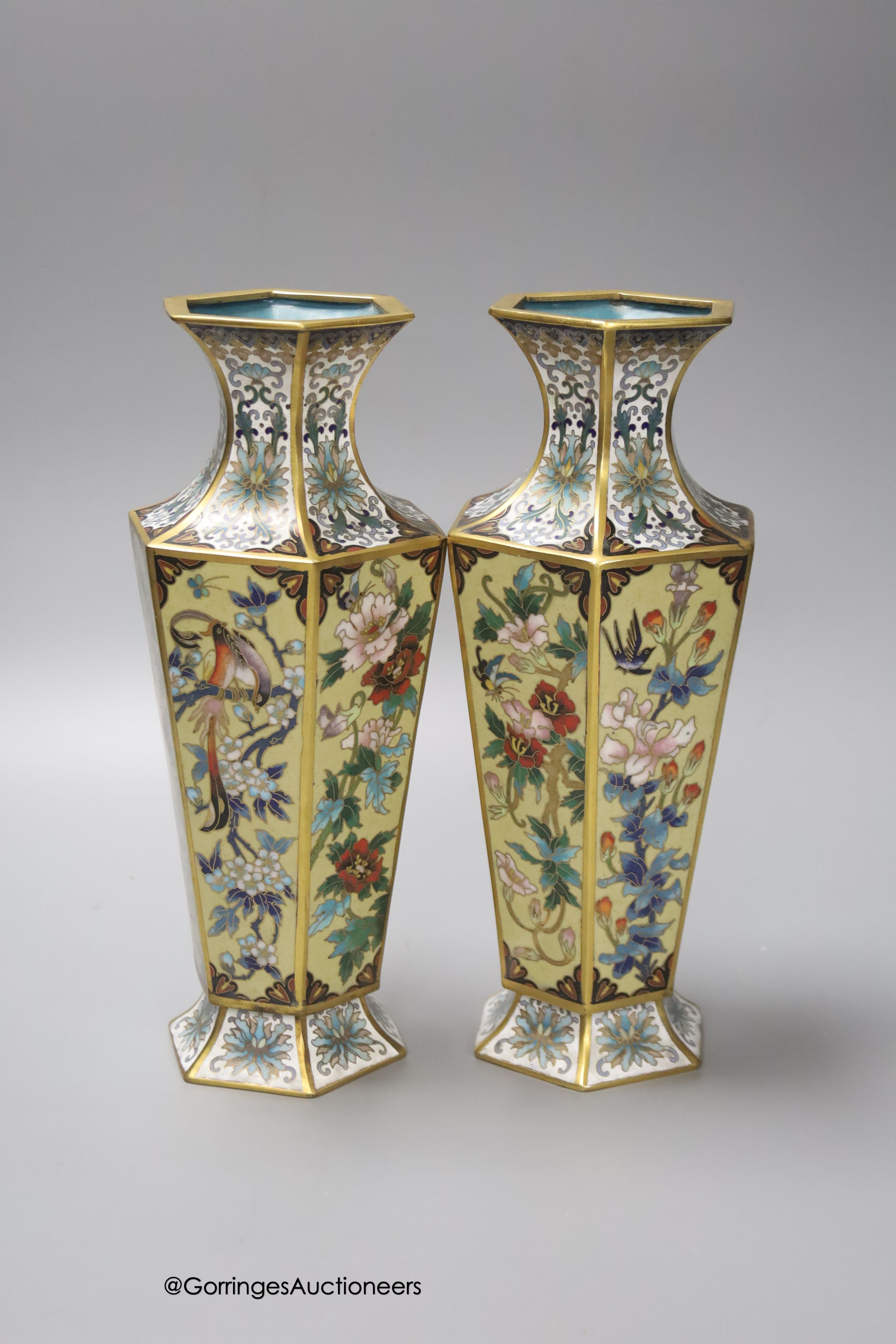 A pair of Chinese cloisonne enamelled hexagonal vases, 26cm - Image 2 of 4