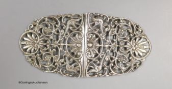 A late Victorian pierced silver oval nurses buckle, by Grey & Co, London, 1896, 13.2cm, 85 grams,