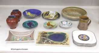 Four Chelsea pottery dishes, four Heal & Son plates, Glyn College dish and similar pottery and an