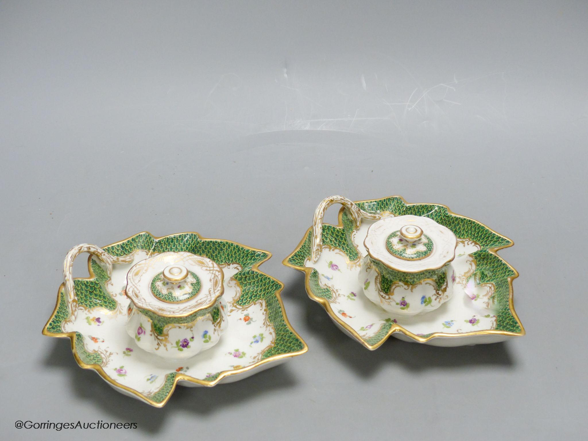 A pair of Dresden porcelain inkwells, length 19cm - Image 2 of 6