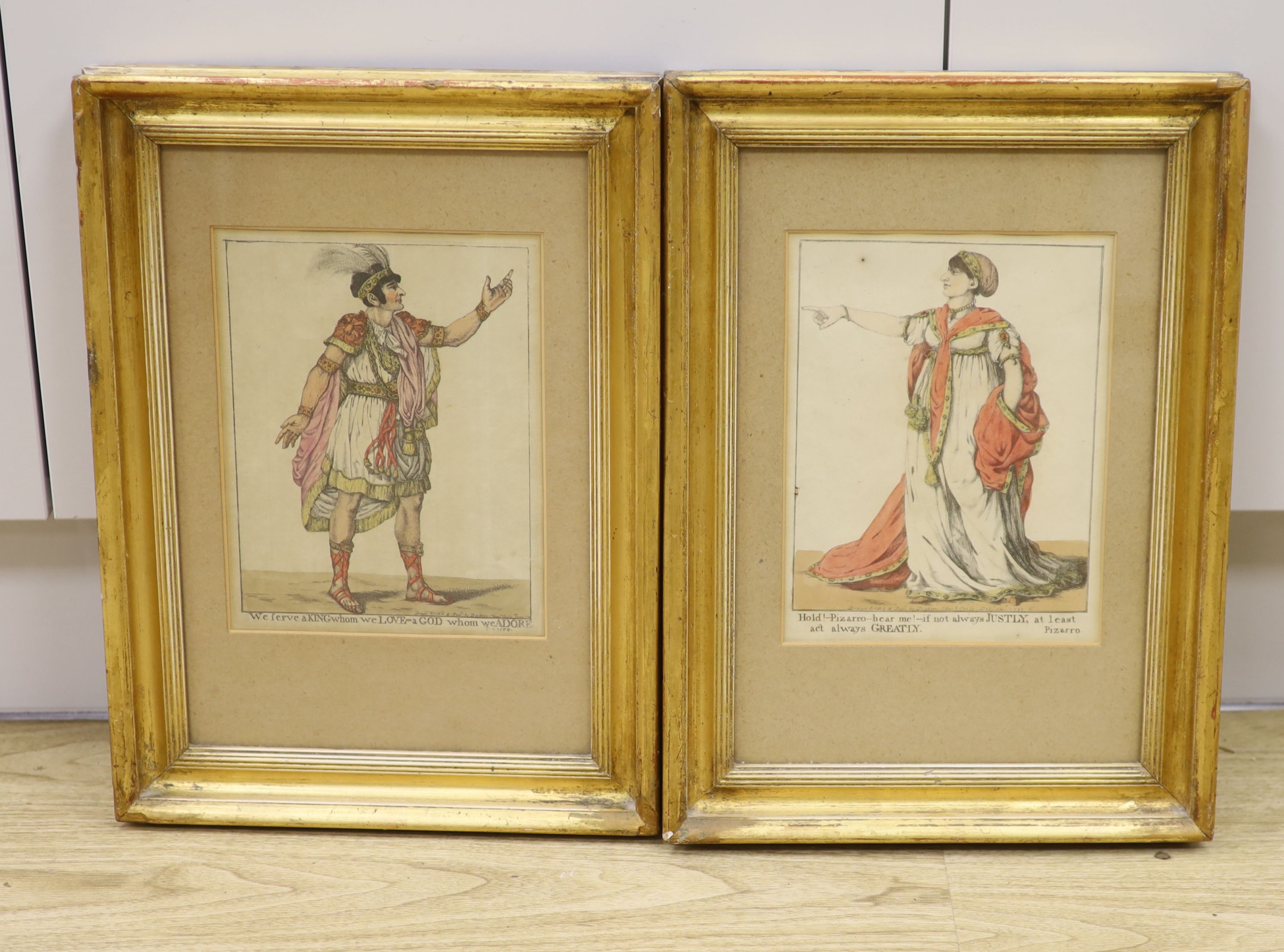 James Dighton, pair of coloured engravings, 'We serve a King ...' and 'Hold! Pizarro Hear Me', 23 x