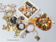 Mixed jewellery including silver charm bracelet, brooches including Scottish hardstone, bracelets