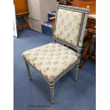 Five French painted dining chairs, with upholstered seats and backs.