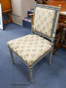 Five French painted dining chairs, with upholstered seats and backs.