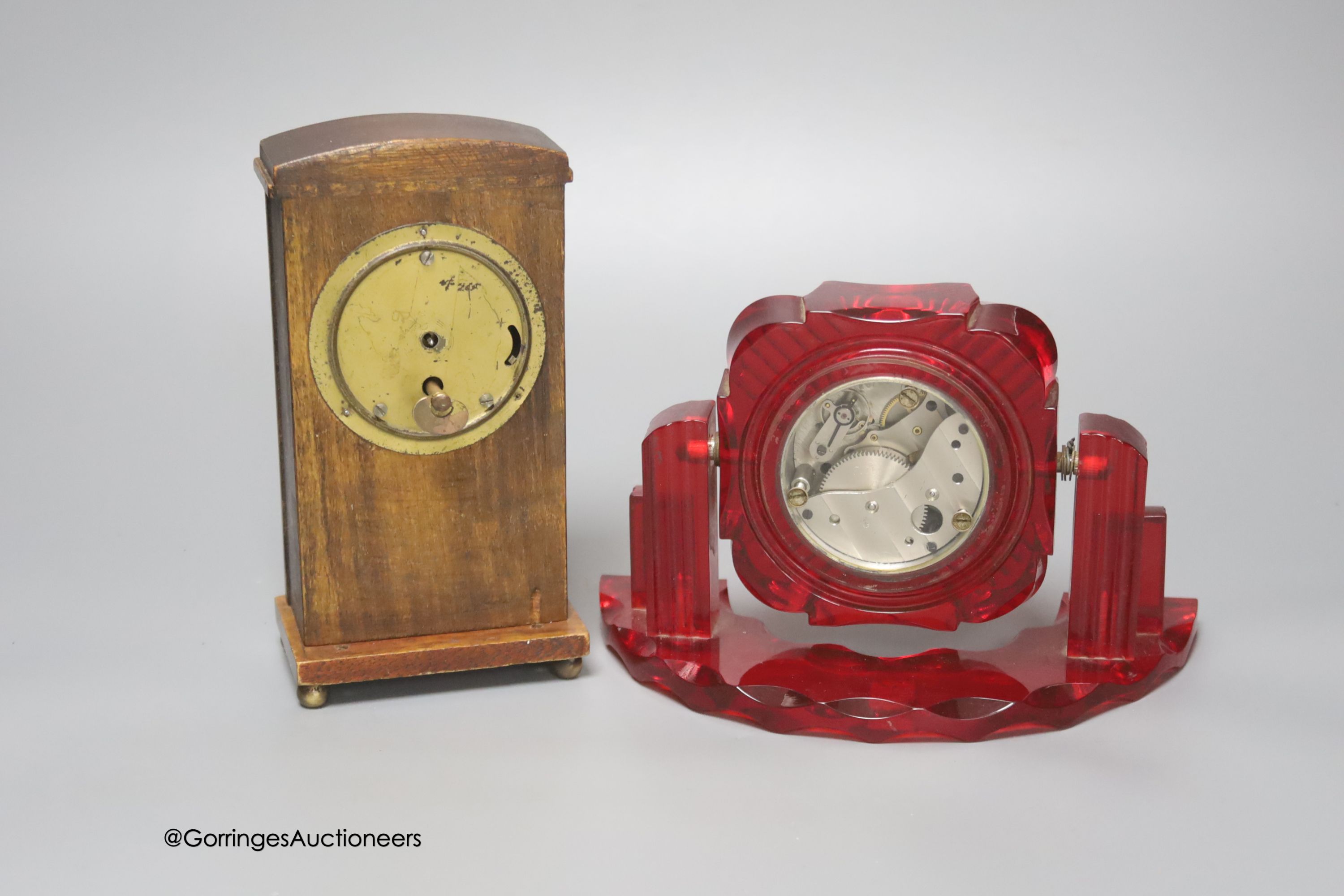 A Russian moulded red acrylic mantel timepiece, width 19cm, and a Secessionist style beech cased - Image 2 of 2
