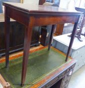 A George III rectangular mahogany folding tea table. W-91cm, D-45cm, H-79cm.