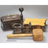 A mid 18th century mahogany tea caddy, 24cm, a rosewood cruet stand, one other box and a mallet