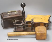 A mid 18th century mahogany tea caddy, 24cm, a rosewood cruet stand, one other box and a mallet