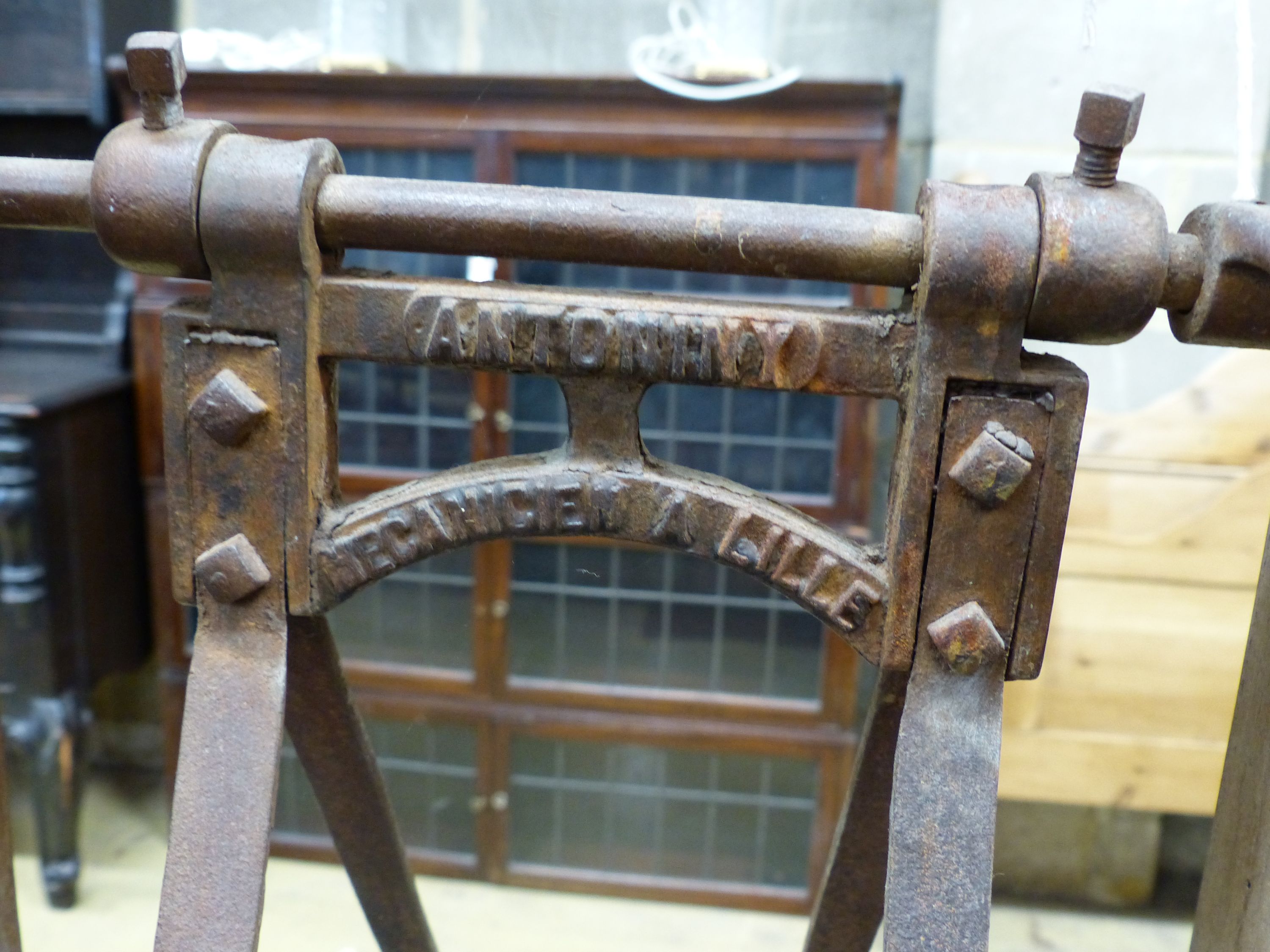 A late 19th century French Provincial (Lille) pine and wrought iron carding machine and two carding - Image 3 of 4