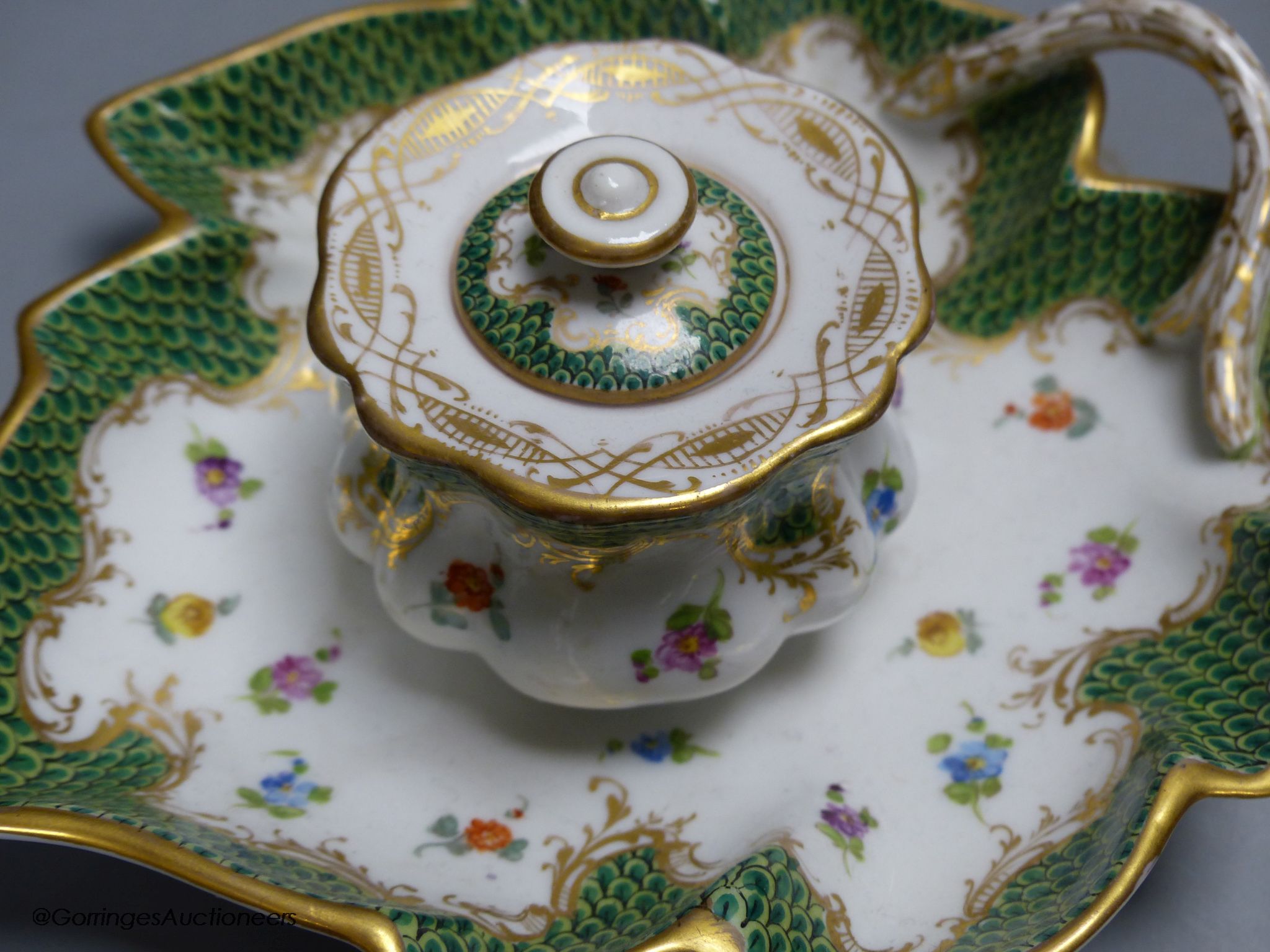 A pair of Dresden porcelain inkwells, length 19cm - Image 6 of 6