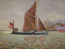 John Owen, oil on canvas board, Sailing barge entering port, signed, 35 x 45cm