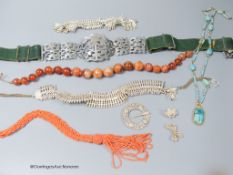 A silver plate mounted belt and minor jewellery including an agate bead necklace and a coral bead