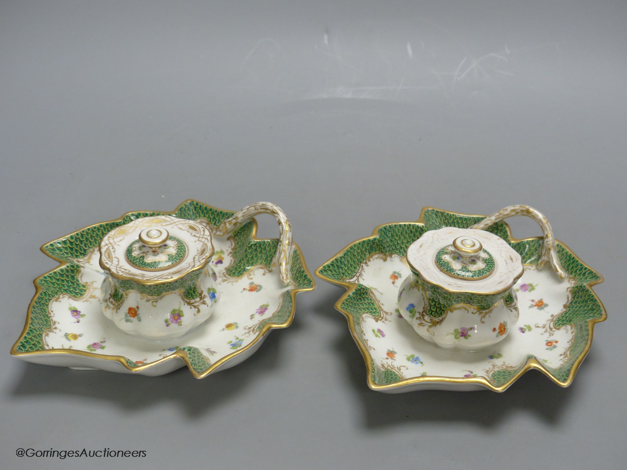 A pair of Dresden porcelain inkwells, length 19cm - Image 4 of 6