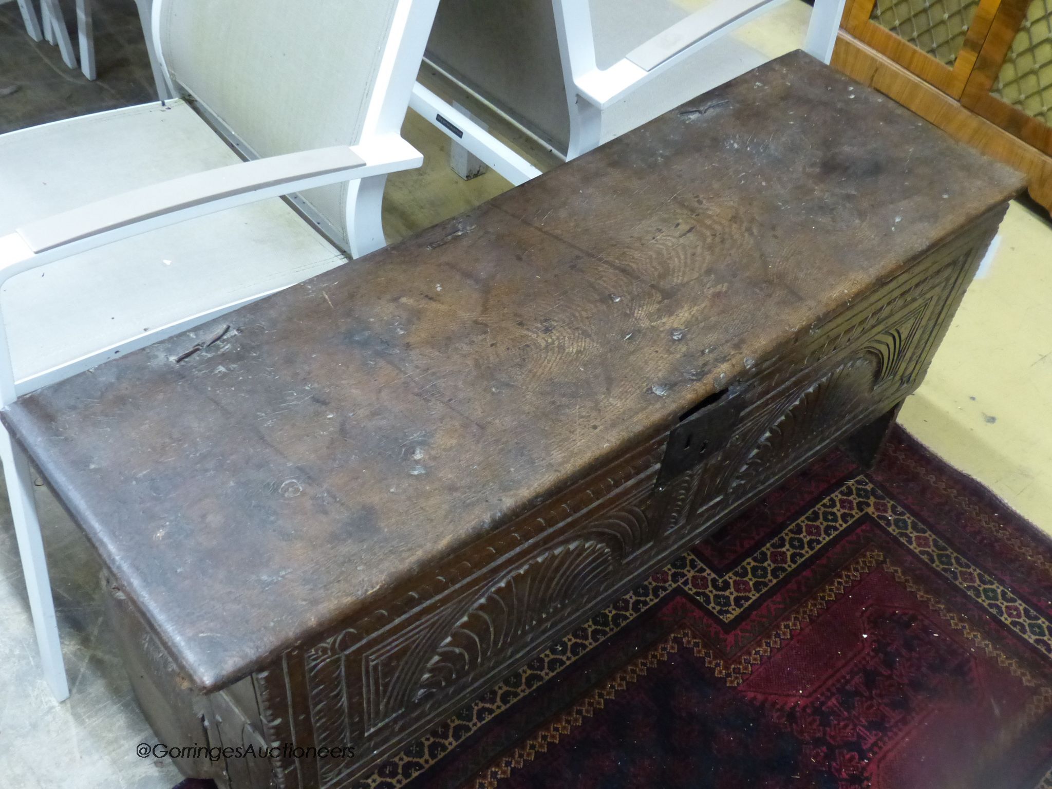 A 17th century six plank coffer, length 115cm, depth 38cm, height 54cm - Image 3 of 3