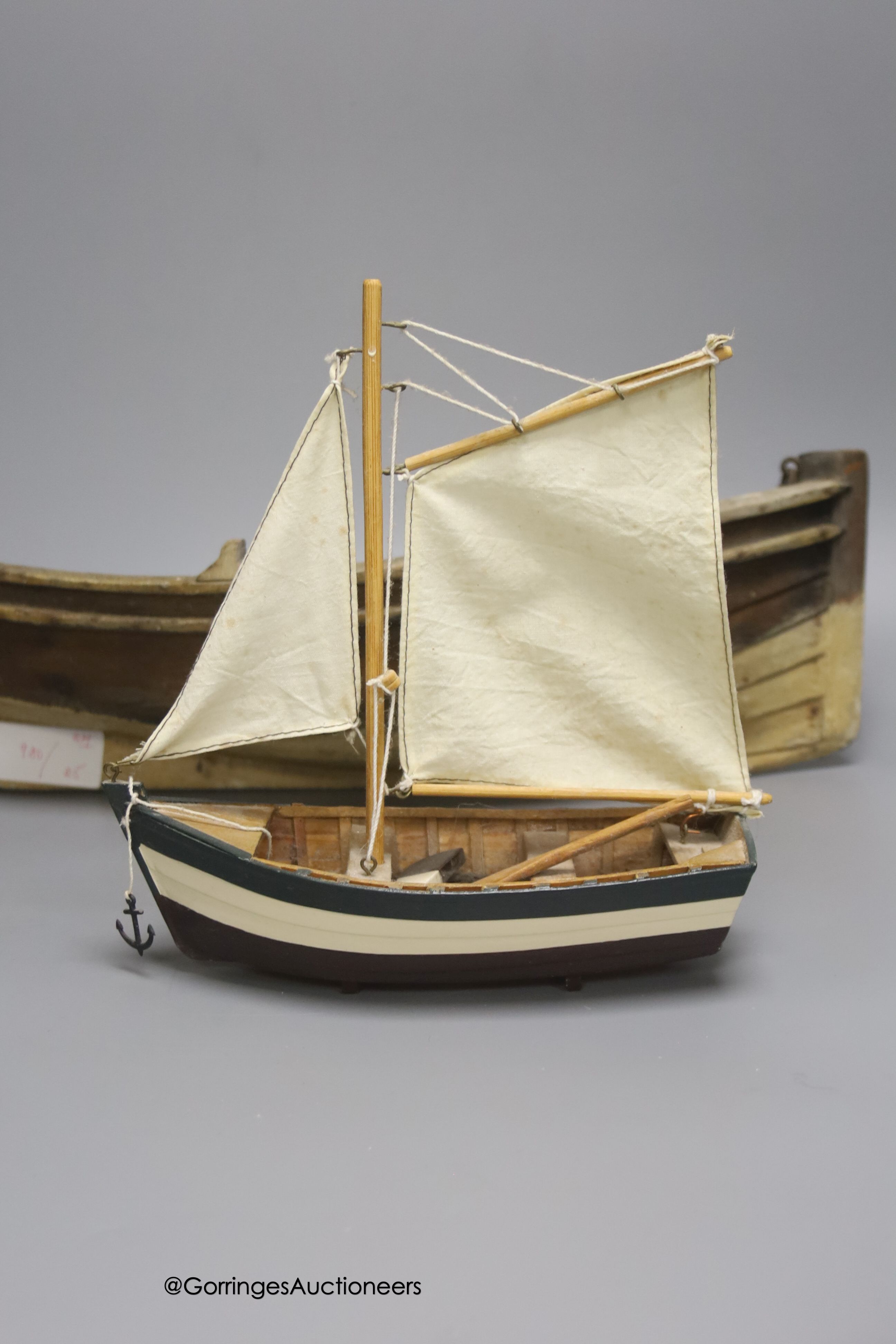 A clinker-built wood rowing boat, 41cm, and four smaller boat models - Image 6 of 8