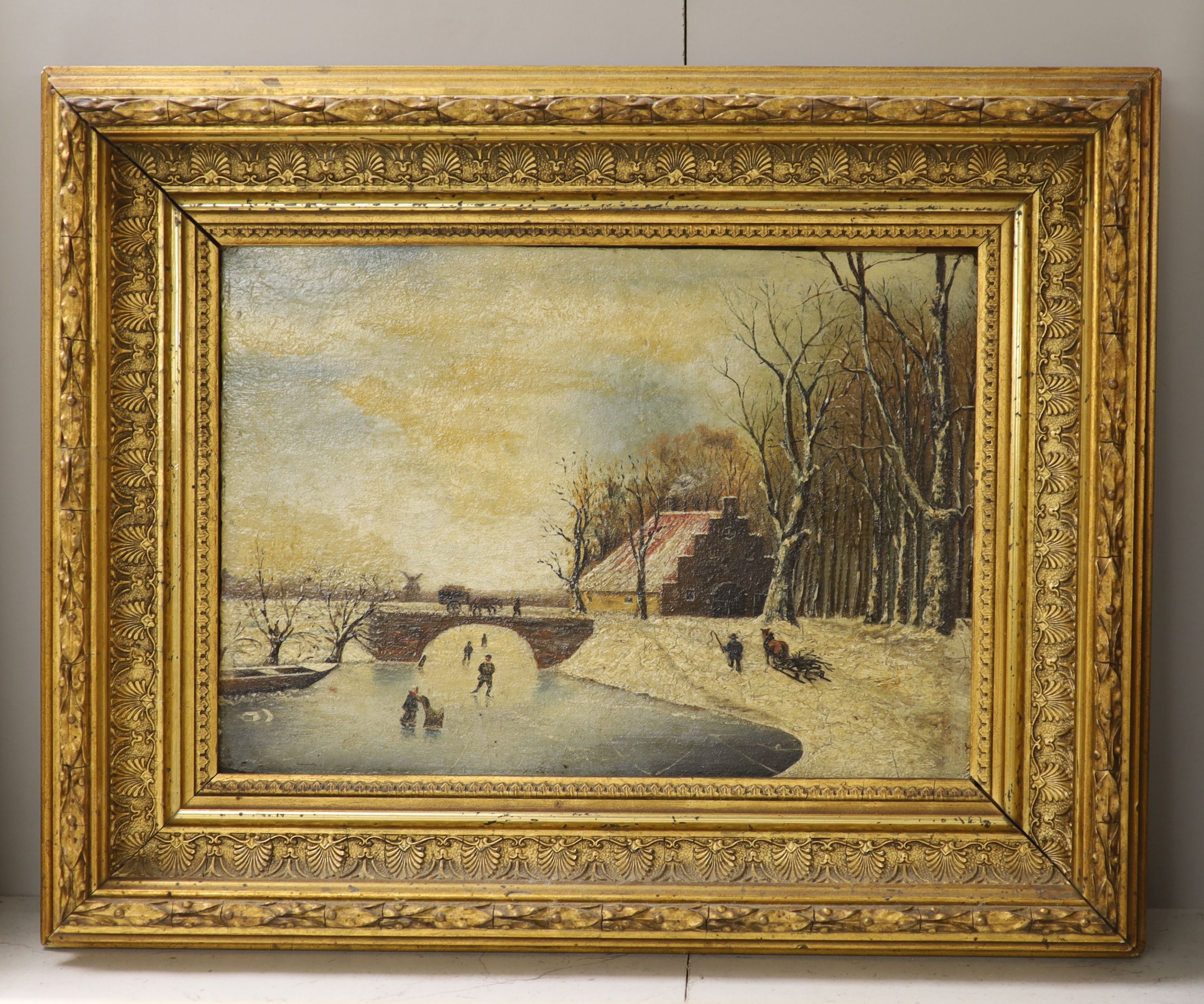 19th century Dutch School, oil on board, Winter landscape with figures on a frozen river, 17 x 25cm - Image 2 of 2