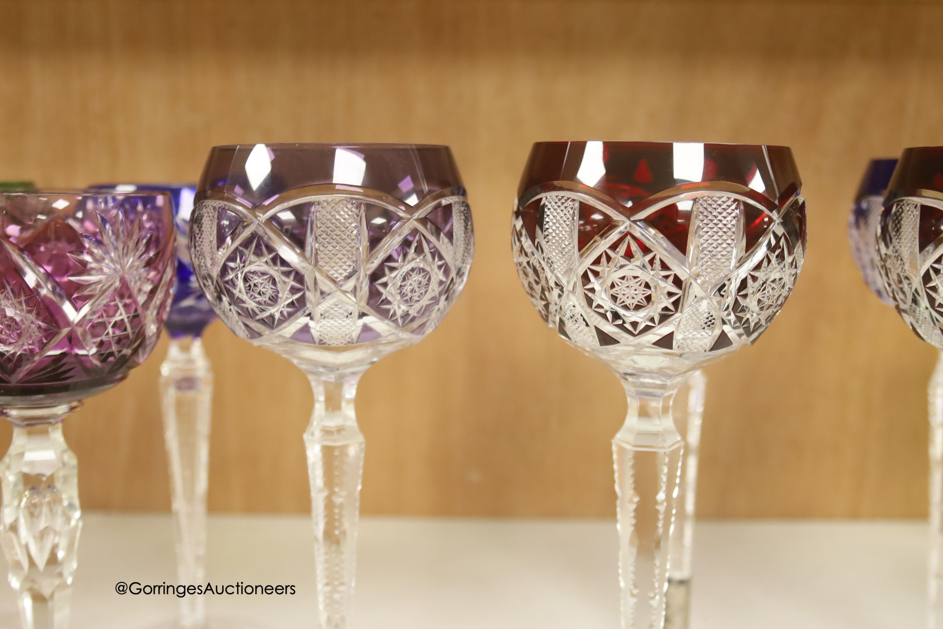 A harlequin collection of flash cut hock glasses, 19th century and later, tallest 21cm - Image 4 of 7