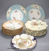 Two sets of six Limoges dessert plates, three English porcelain ribbon plates, an Alfred Pearce