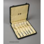 A cased set of George V Liberty & Co silver and enamel pastry forks, Birmingham, 1928, in original