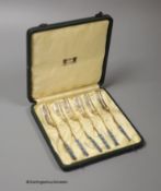 A cased set of George V Liberty & Co silver and enamel pastry forks, Birmingham, 1928, in original