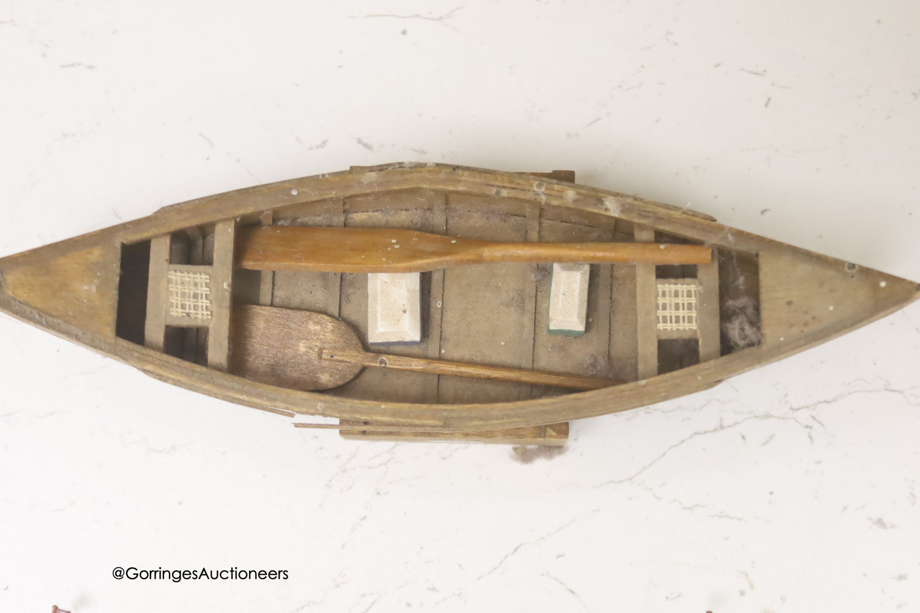 A clinker-built wood rowing boat, 41cm, and four smaller boat models - Image 4 of 8