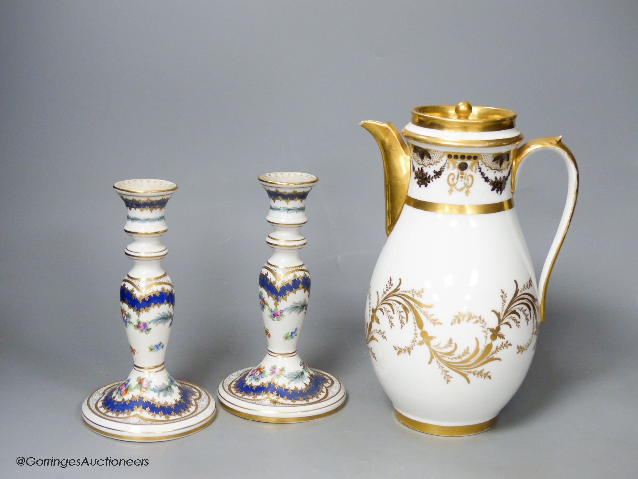 A 19th century Paris porcelain coffee pot and a pair of Dresden candlesticks, tallest 24cm - Image 3 of 5