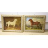 19th century English School, pair of oils on board, Portraits of horses in a stable and a