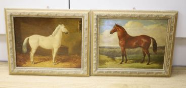 19th century English School, pair of oils on board, Portraits of horses in a stable and a