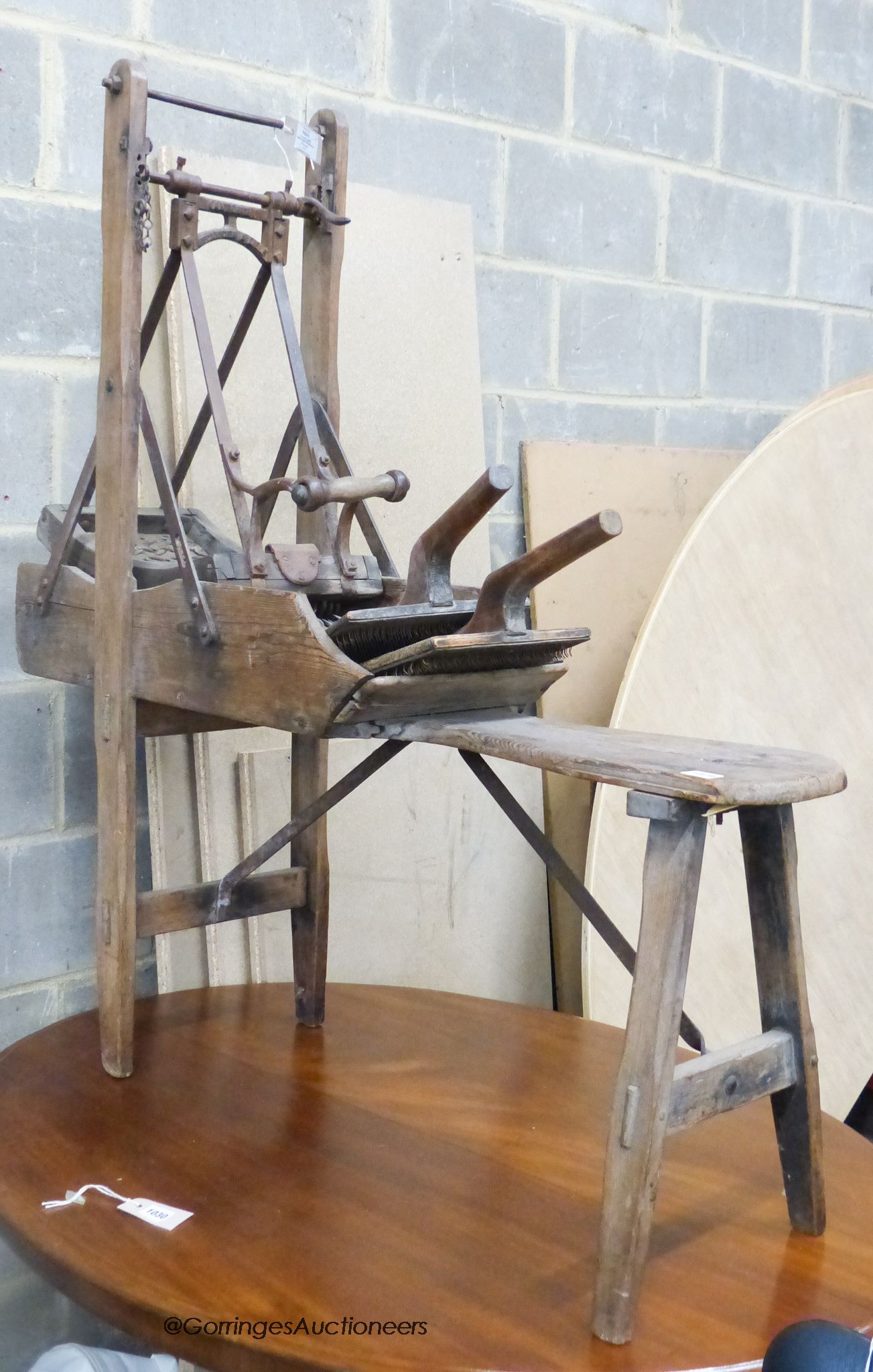 A late 19th century French Provincial (Lille) pine and wrought iron carding machine and two carding - Image 4 of 4