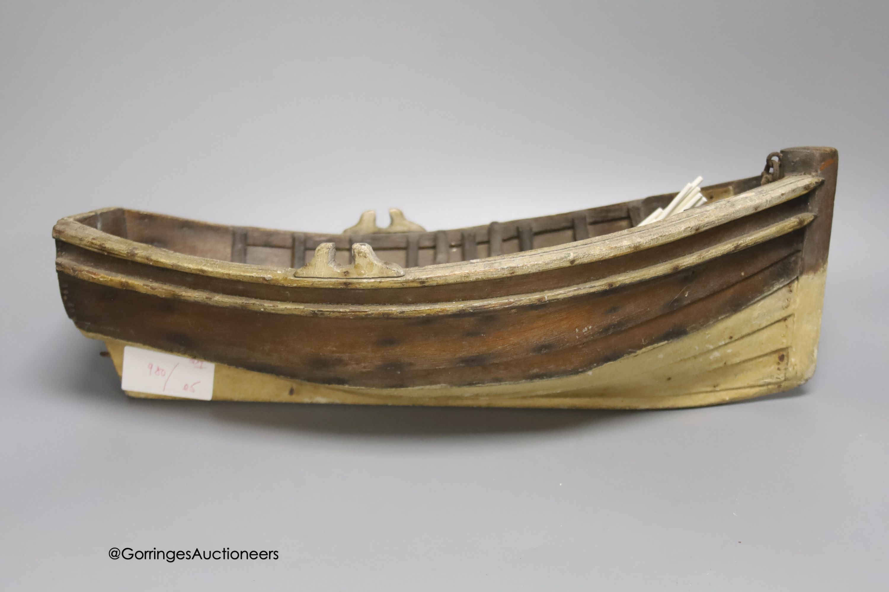 A clinker-built wood rowing boat, 41cm, and four smaller boat models - Image 7 of 8