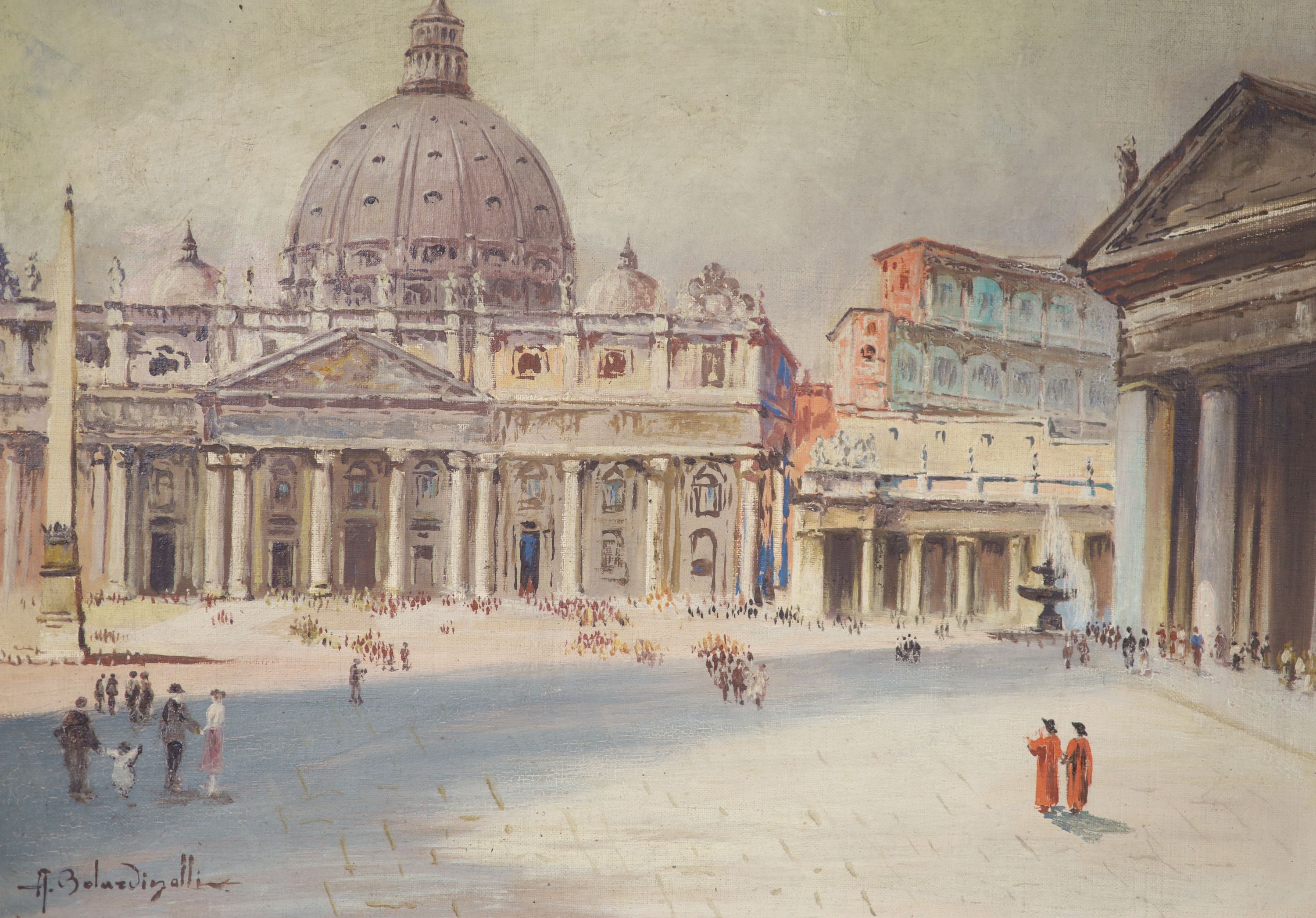A. Belardinelli, oil on canvas board, St Peter's, Rome, signed, 39 x 49cm and an oil harbour scene - Image 2 of 3