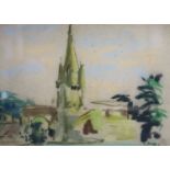 Paul Maze (1887-1979), pastel on paper, Church spire, signed, 26 x 36cm