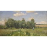 Russian School, oil on canvas board, Figure in a summer landscape, label verso, 17 x 29cm