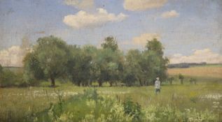 Russian School, oil on canvas board, Figure in a summer landscape, label verso, 17 x 29cm