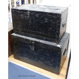 Two Victorian iron bound trunks. Both marked British embassy Moscow. Larger, W-88, D-53, H-52cm.