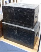 Two Victorian iron bound trunks. Both marked British embassy Moscow. Larger, W-88, D-53, H-52cm.