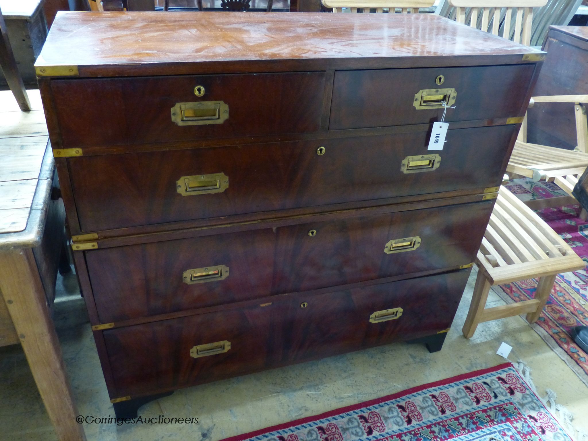 A Victorian style mahogany two part military chest, width 108cm depth 47cm height 100cm - Image 2 of 4