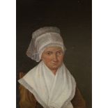 19th century Dutch school, oil on canvas, Portrait of a lady wearing a lace bonnet, 39 x 28cm,