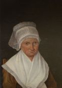 19th century Dutch school, oil on canvas, Portrait of a lady wearing a lace bonnet, 39 x 28cm,