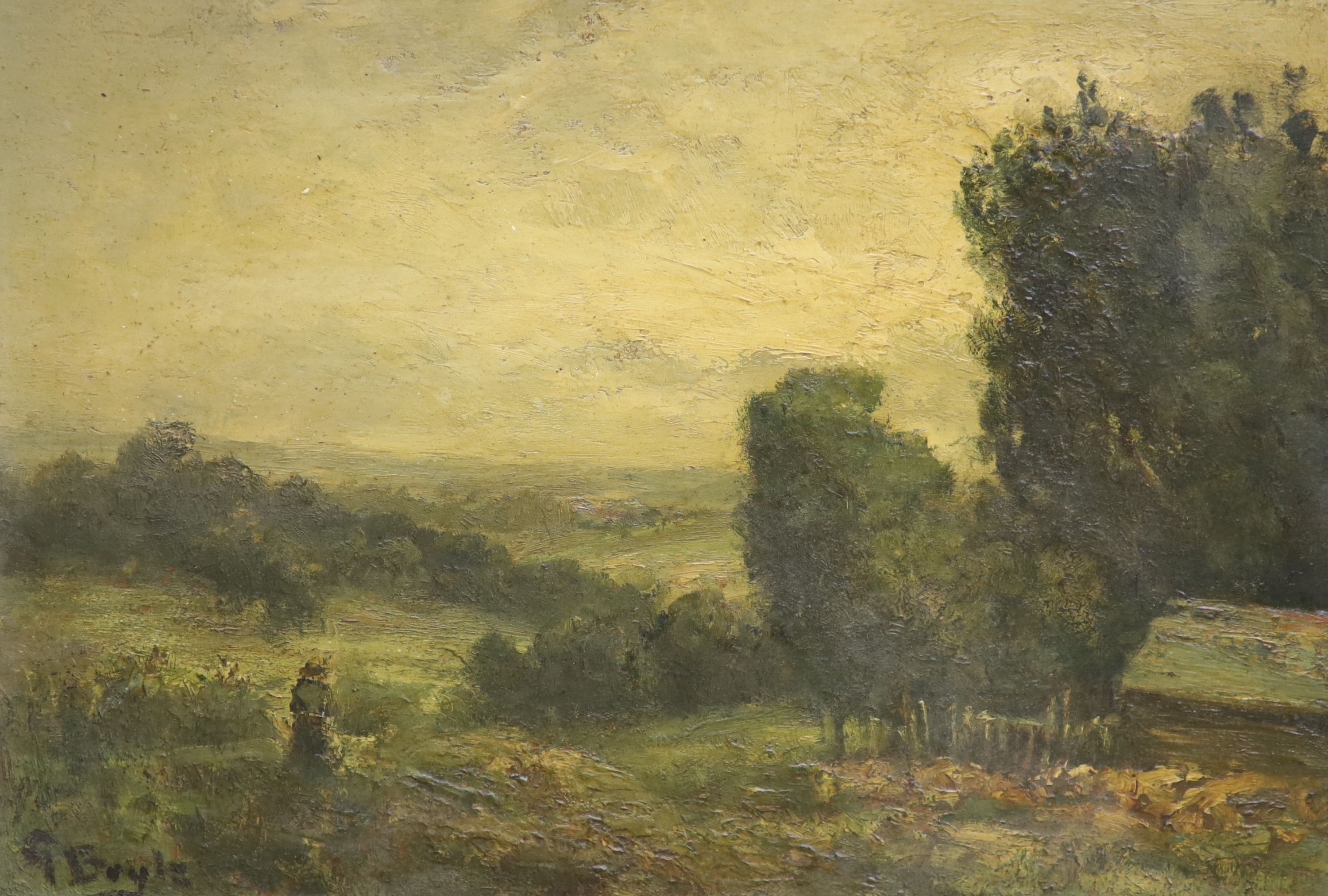 George Boyle (1842-1930), oil on board, Figure overlooking a landscape, signed, 25 x 35cm